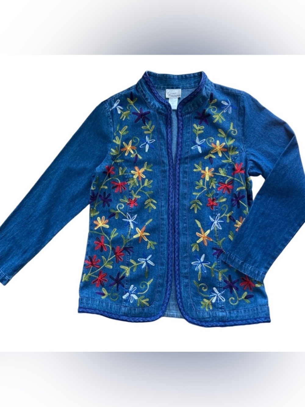 Vintage Gunit Fashions Denim Mandarin Collar Floral Embroidery Jacket EUC
